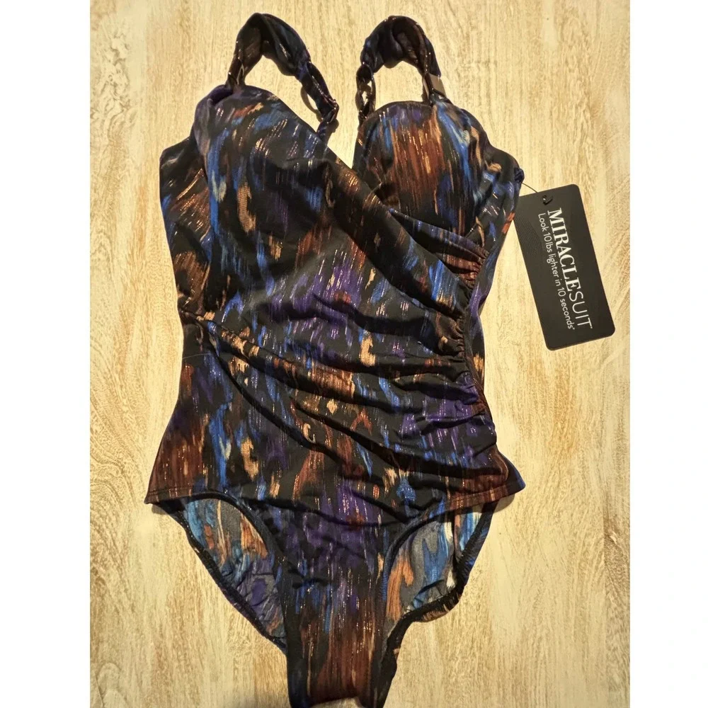 NEW! Miraclesuit size 8 Siren One Piece Swimsuit Womens Black Multi STUNNING